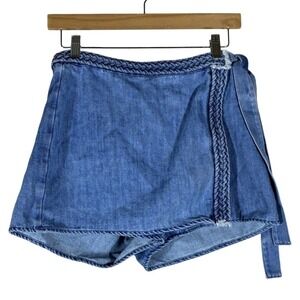C'ISA Braided Trim Wrap Front Denim Skort Medium Wash Boho Festival Chic Size S
